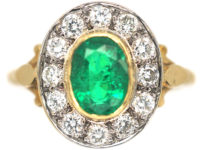 18ct Gold, Emerald & Diamond Oval Cluster Ring
