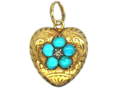 Georgian 15ct Gold Turquoise & Diamond Forget Me Not Heart Pendant with hinged Locket on Reverse