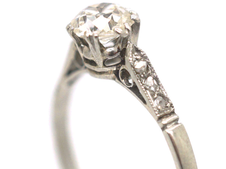 Art Deco Platinum & Diamond Solitaire Ring with Diamond Set Shoulders