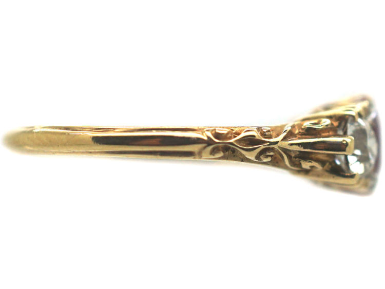 Victorian 18ct Gold, Ruby & Diamond Three Stone Carved Half Hoop Ring