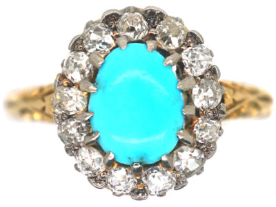 Edwardian 18ct Gold Turquoise & Diamond Cluster Ring