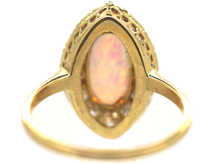 Edwardian 18ct Gold, Opal & Diamond Navette Shaped Ring