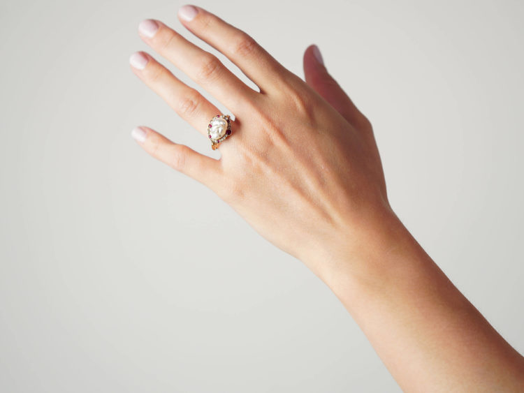 Edwardian 18ct Gold, Natural Pearl, Rose Diamond & Ruby Ring