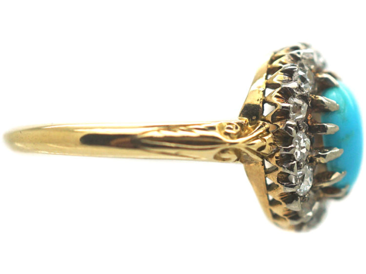 Edwardian 18ct Gold Turquoise & Diamond Cluster Ring