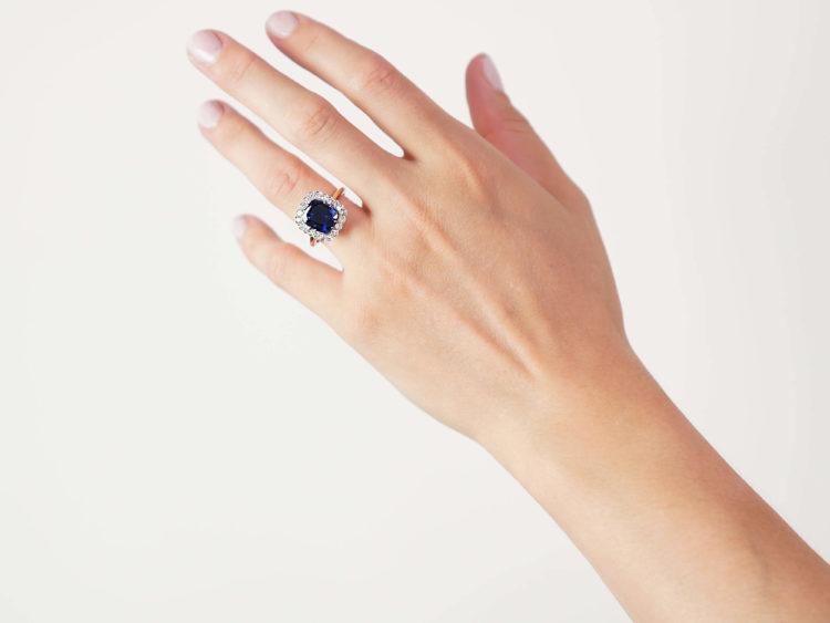 18ct Gold, Ceylon Sapphire & Diamond Cluster Ring