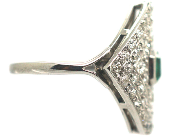 Art Deco Platinum Diamond Shaped Emerald & Diamond Ring