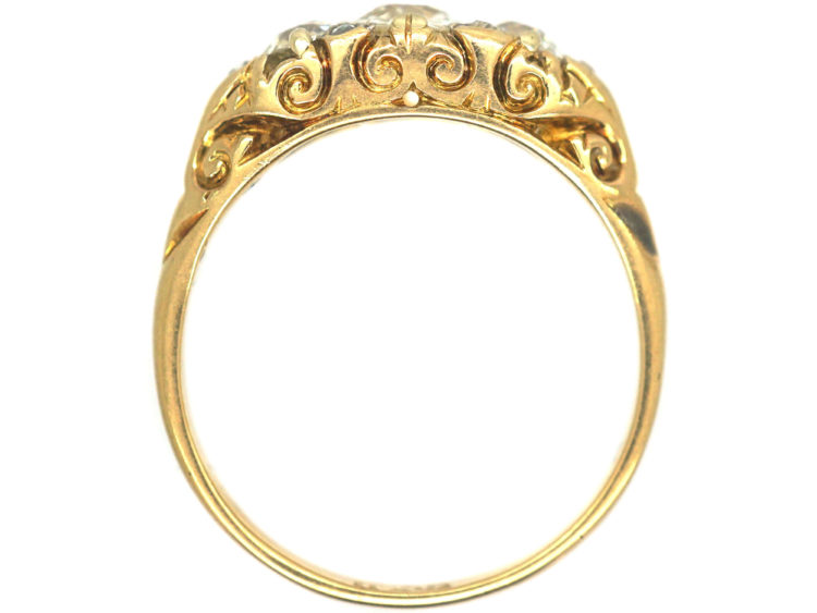 Victorian 18ct Gold Three Stone Diamond Carved Half Hoop Ring