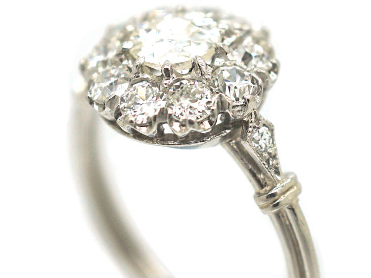 Edwardian Platinum & Diamond Cluster Ring with Diamond Set Shoulders