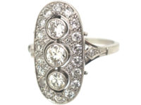 Art Deco Platinum & Diamond Oval Shaped Ring with Three Diamonds Down the Centre