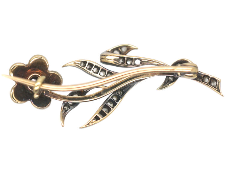Edwardian Silver , Gold Diamond & Natural Split Pearls Flower Brooch