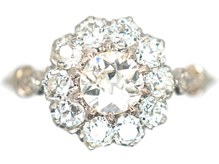 Edwardian Platinum & Diamond Cluster Ring with Diamond Set Shoulders