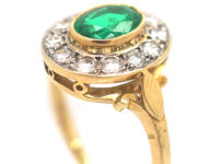 18ct Gold, Emerald & Diamond Oval Cluster Ring