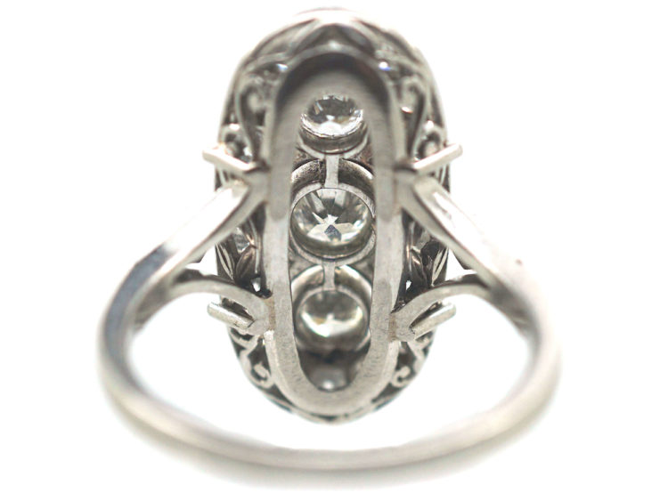 Art Deco Platinum & Diamond Oval Shaped Ring with Three Diamonds Down the Centre