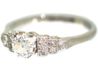 Art Deco 18ct White Gold & Platinum Diamond Solitaire Ring with Step Cut Shoulders