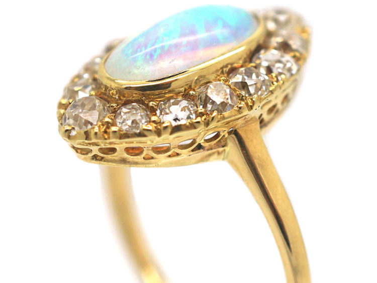 Edwardian 18ct Gold, Opal & Diamond Navette Shaped Ring