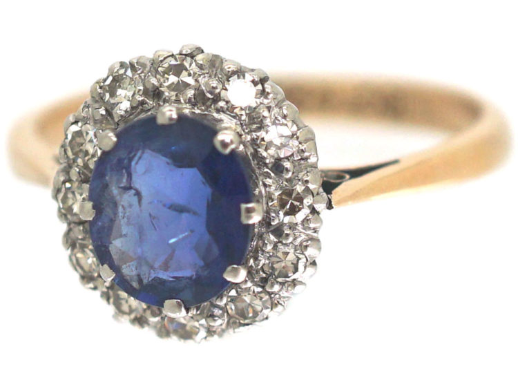 Art Deco 18ct Gold & Platinum, Sapphire & Diamond Oval Cluster Ring