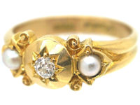 Edwardian 18ct Gold Diamond & Two Natural Split Pearls Ring