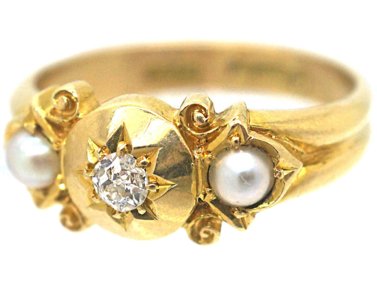 Edwardian 18ct Gold Diamond & Two Natural Split Pearls Ring