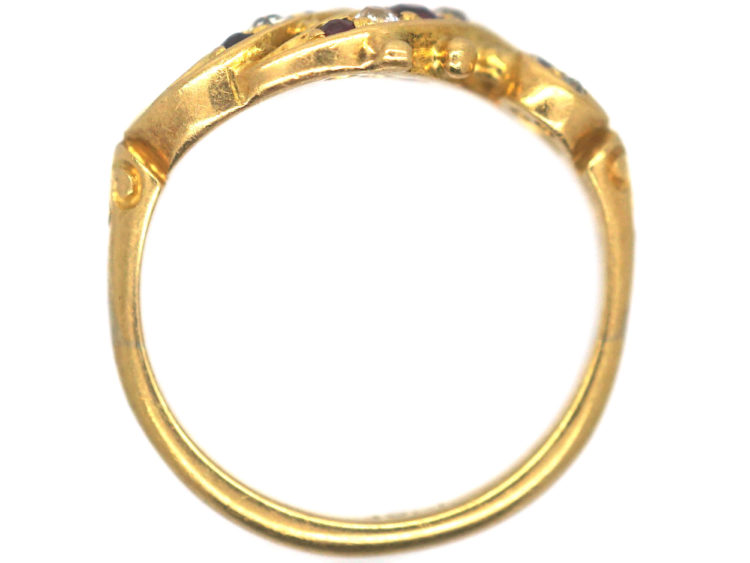 Edwardian 18ct Gold Double Crossover Ring set with Sapphires, Rubies & Diamonds