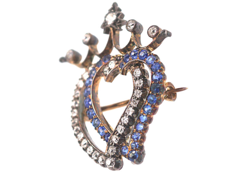 Edwardian Sapphire & Diamond Double Heart Brooch