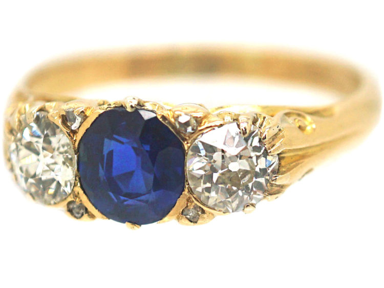 Victorian 18ct Gold Sapphire & Diamond Three Stone Ring