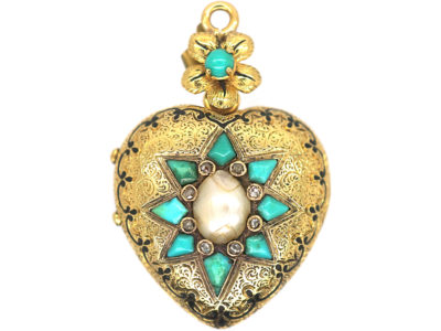 French 18ct Gold Heart Shaped pendant with Glazed Locket on Reverse set with A Natural Split Pearl Turquoise & Rose Diamonds