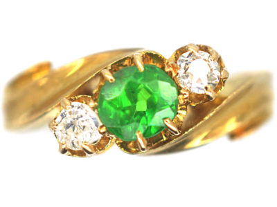 Edwardian 18ct Gold, Green Garnet & Diamond Crossover Ring