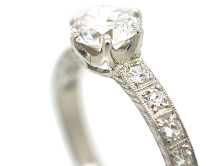 Art Deco Platinum Diamond Solitaire Ring with Diamond Set Shoulders
