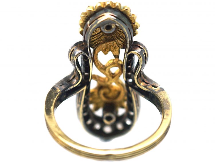 Art Nouveau 18ct Gold Diamond & Enamel Flowers Ring