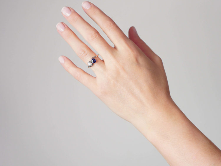 Edwardian 18ct Gold & Platinum Sapphire & Diamond Crossover Ring