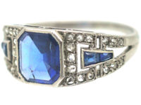 French Art Deco Platinum, Sapphire & Rose Diamond Ring