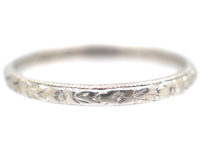 Art Deco Platinum Wedding Ring Engraved with Flowers & Leaves