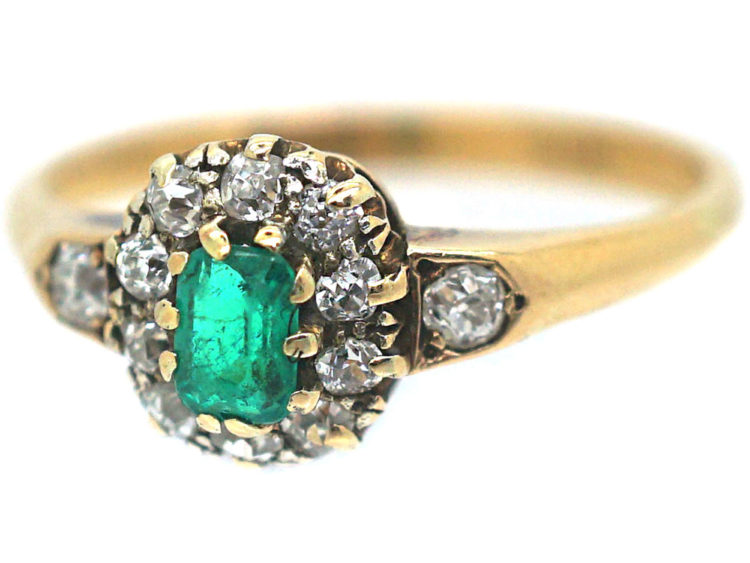 Edwardian 18ct Emerald & Diamond Cluster Ring with Diamond Set Shoulders