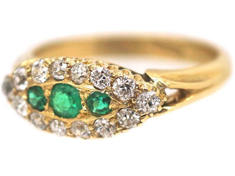 Edwardian 18ct Gold Emerald & Diamond Boat Shaped Ring