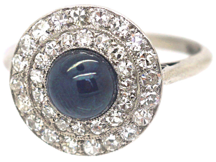 Art Deco Platinum Diamond & Cabochon Sapphire Cluster Ring