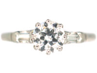 Art Deco Platinum & Diamond Solitaire Ring with Baguette Diamond Shoulders