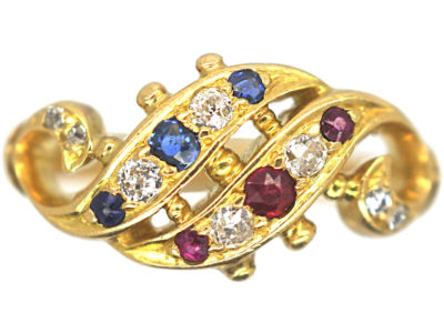 Edwardian 18ct Gold Double Crossover Ring set with Sapphires, Rubies & Diamonds