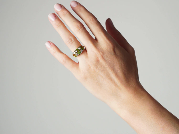 Victorian 18ct Gold, Peridot & Diamond Carved Half Hoop Ring
