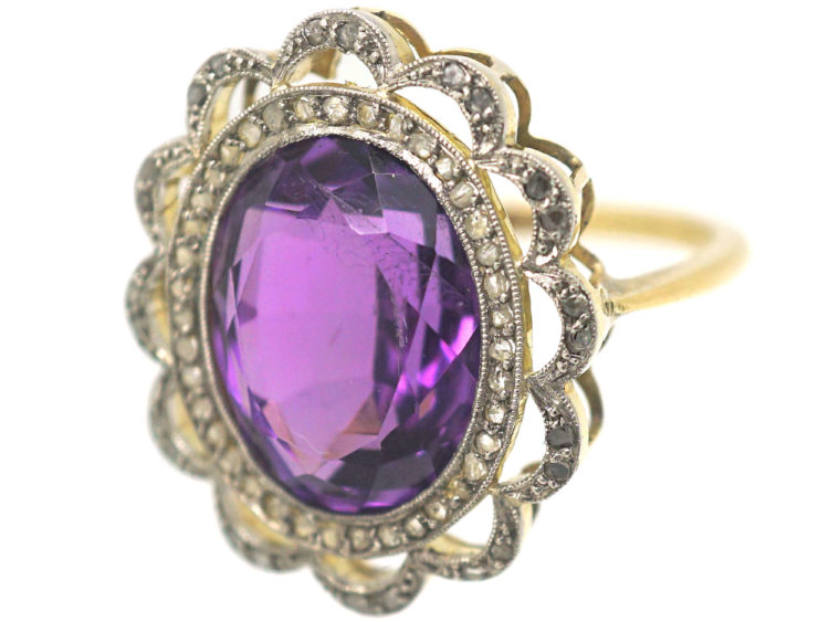 Edwardian 18ct Gold & Platinum, Amethyst & Rose Diamond Cluster Ring