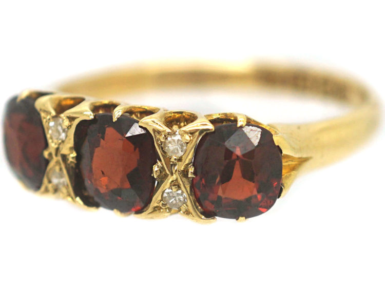 Edwardian 18ct Gold, Three Stone Garnet & Diamond Ring