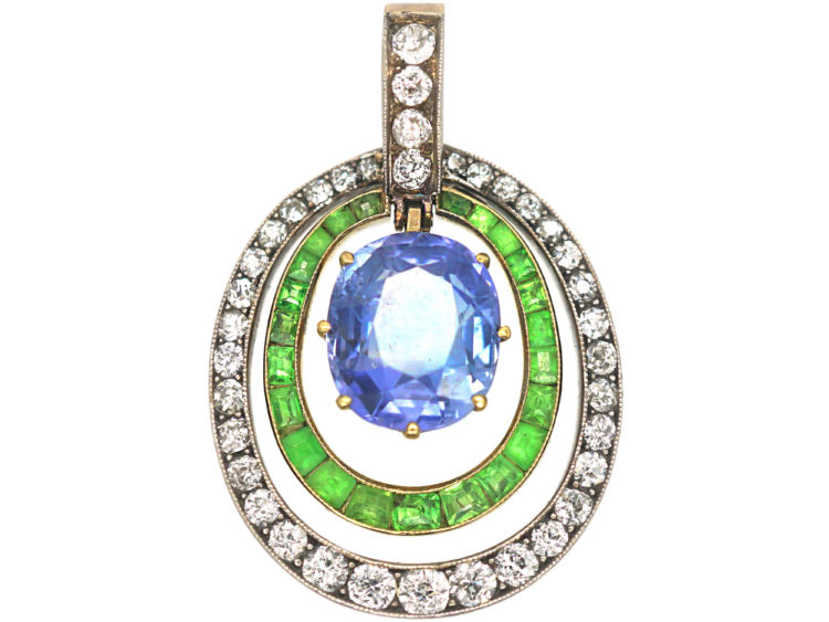French Belle Epoque 18ct Gold, Sapphire, Demantoid Garnet & Diamond Pendant