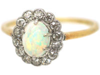 Edwardian 18ct Gold & Platinum, Opal & Diamond Cluster Ring