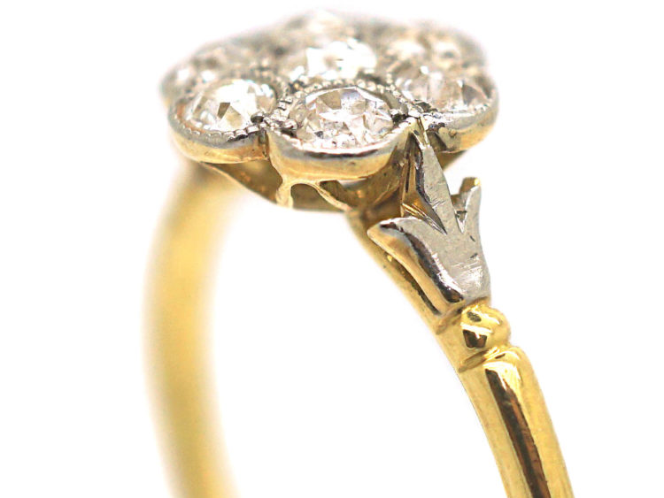 Edwardian 18ct Gold & Platinum Diamond Cluster Ring with Fleur de Lis Shoulders
