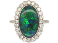 Edwardian 18ct White Gold & Platinum, Black Opal & Diamond Oval Cluster Ring