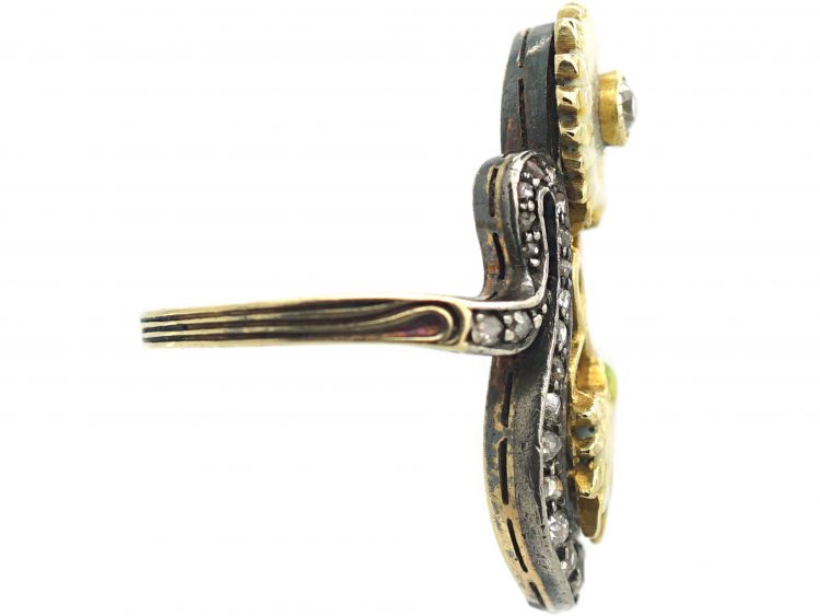 Art Nouveau 18ct Gold Diamond & Enamel Flowers Ring