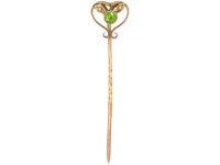 Edwardian 15ct Gold Green Garnet & Natural Split Pearl Heart Shaped Tie Pin