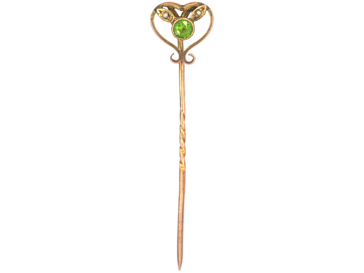 Edwardian 15ct Gold Green Garnet & Natural Split Pearl Heart Shaped Tie Pin