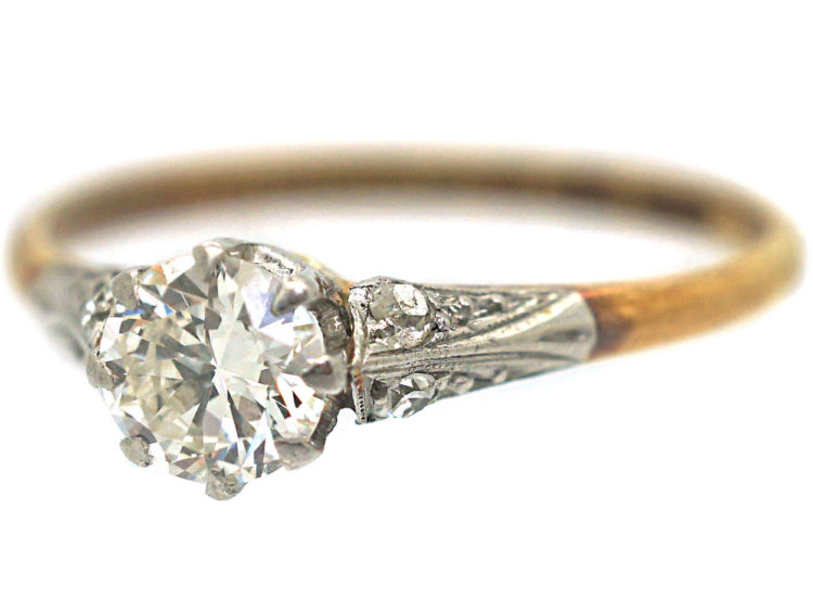 Art Deco 18ct Gold & Platinum, Diamond Solitaire Ring with Diamond Set Shoulders