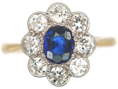 Edwardian 18ct Gold & Platinum, Sapphire & Diamond Oval Cluster Ring