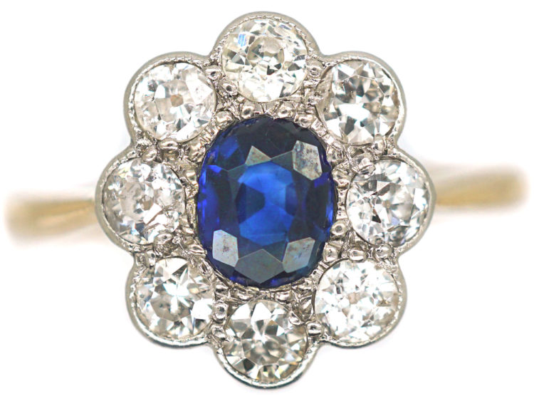 Edwardian 18ct Gold & Platinum, Sapphire & Diamond Oval Cluster Ring